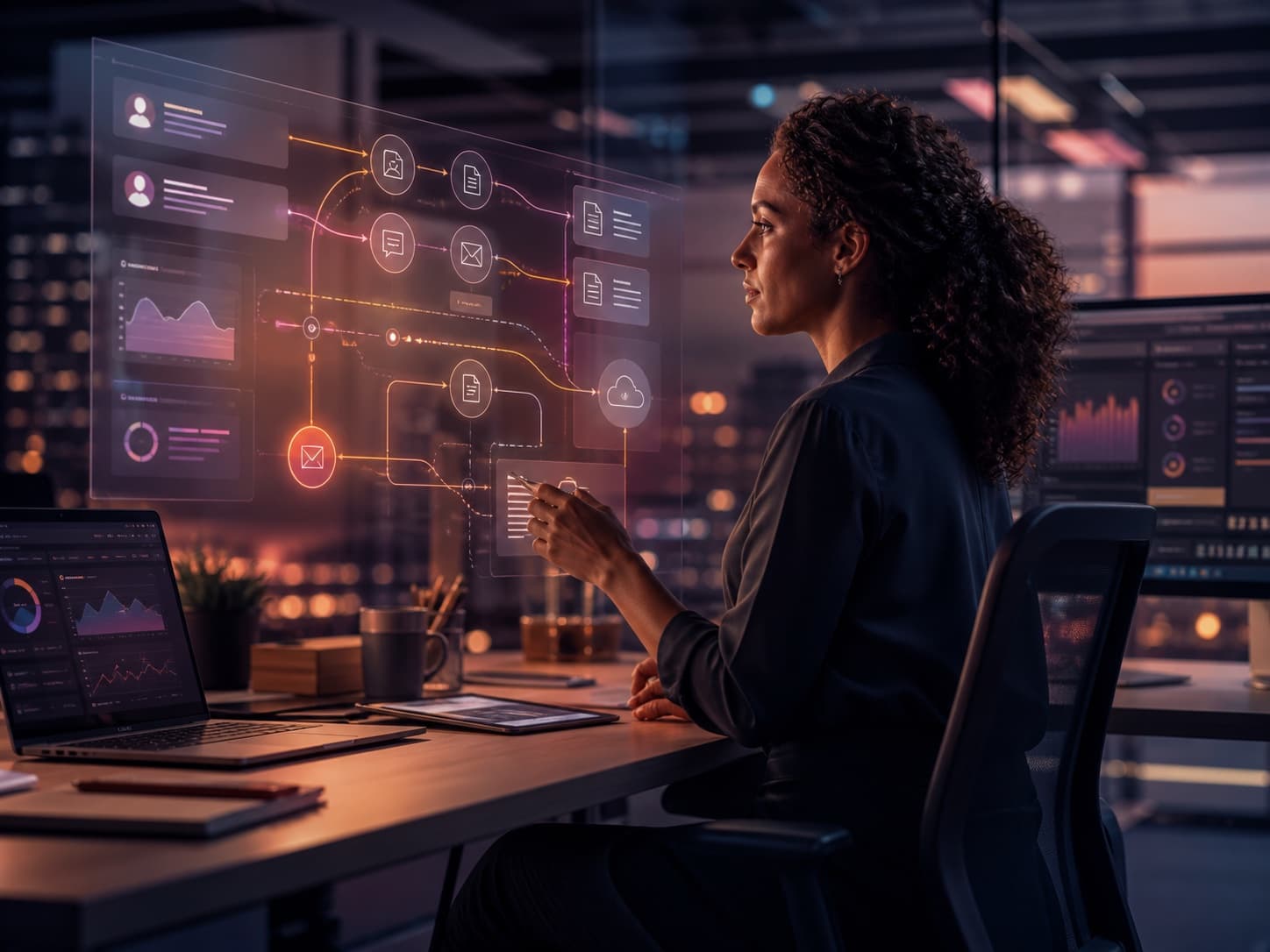 Business and technology team applying AI automation to a connected operational workflow