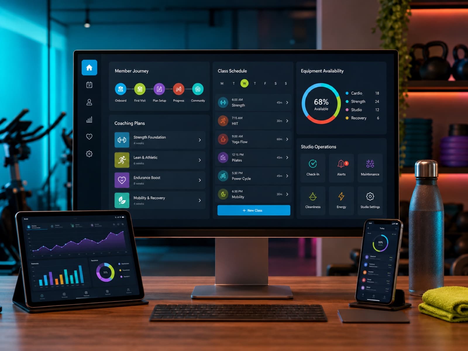 Fitness business platform showing member journeys, class scheduling, coaching plans, equipment, and studio operations