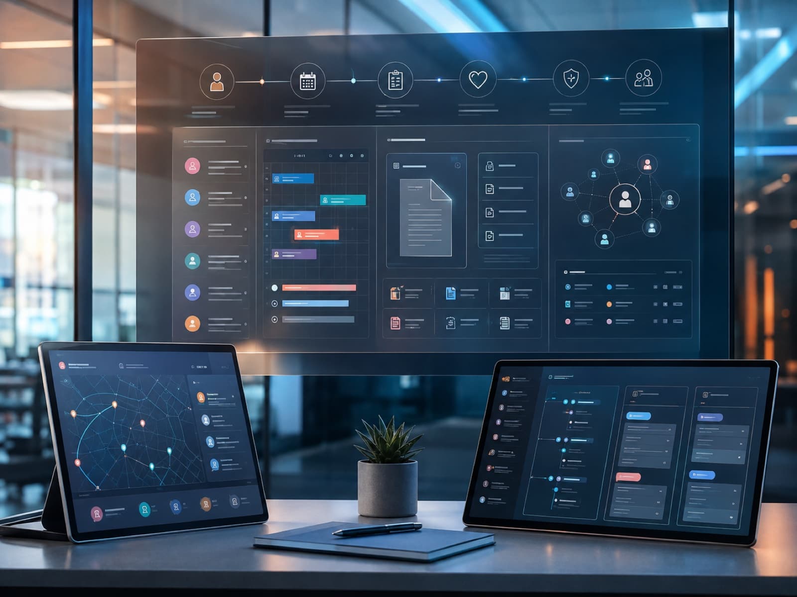 Connected healthcare platform showing patient access, scheduling, secure records, care coordination, and operational workflows