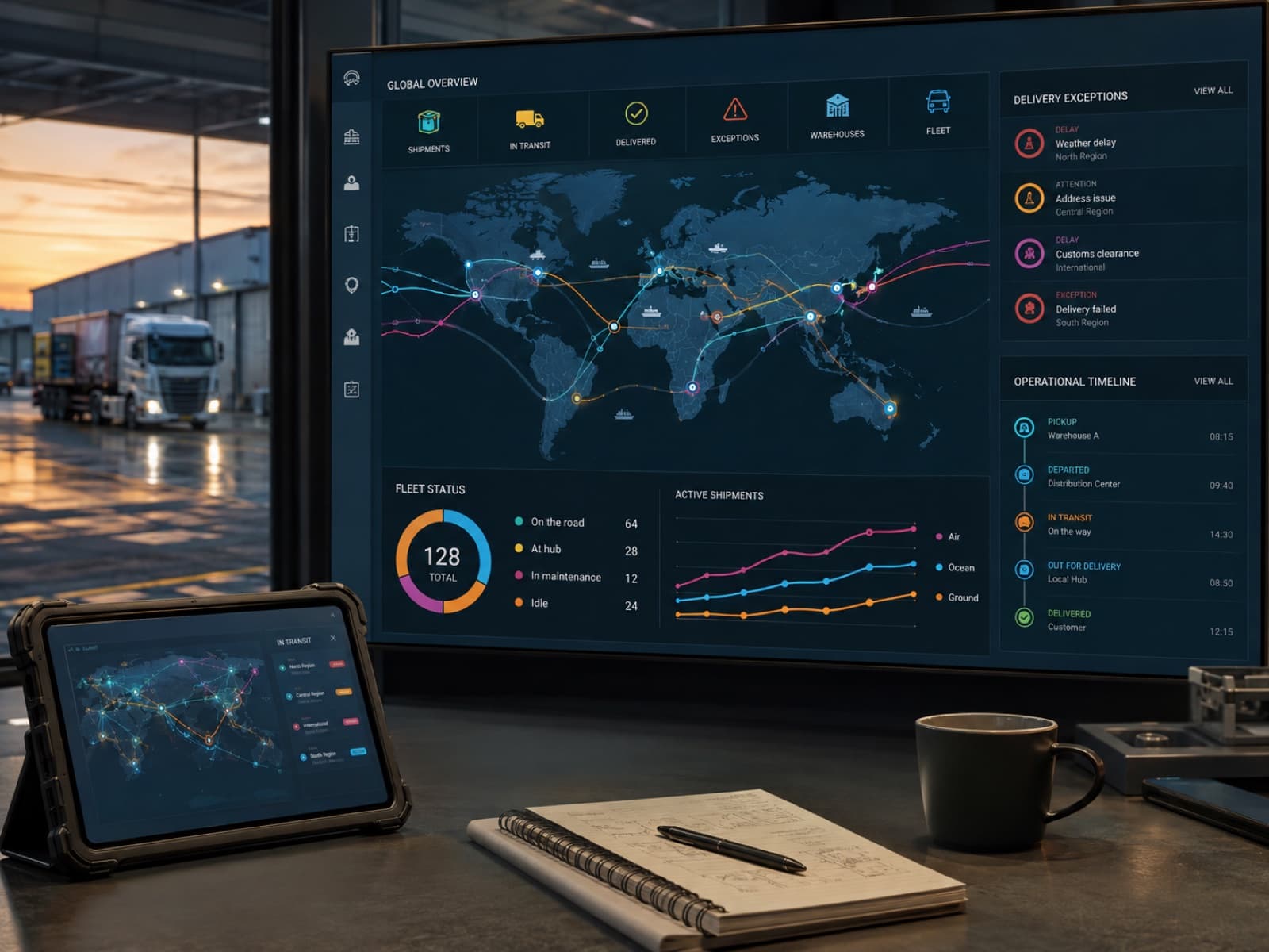 Logistics control platform showing shipment routes, fleet status, warehouse handoffs, delivery exceptions, and timelines