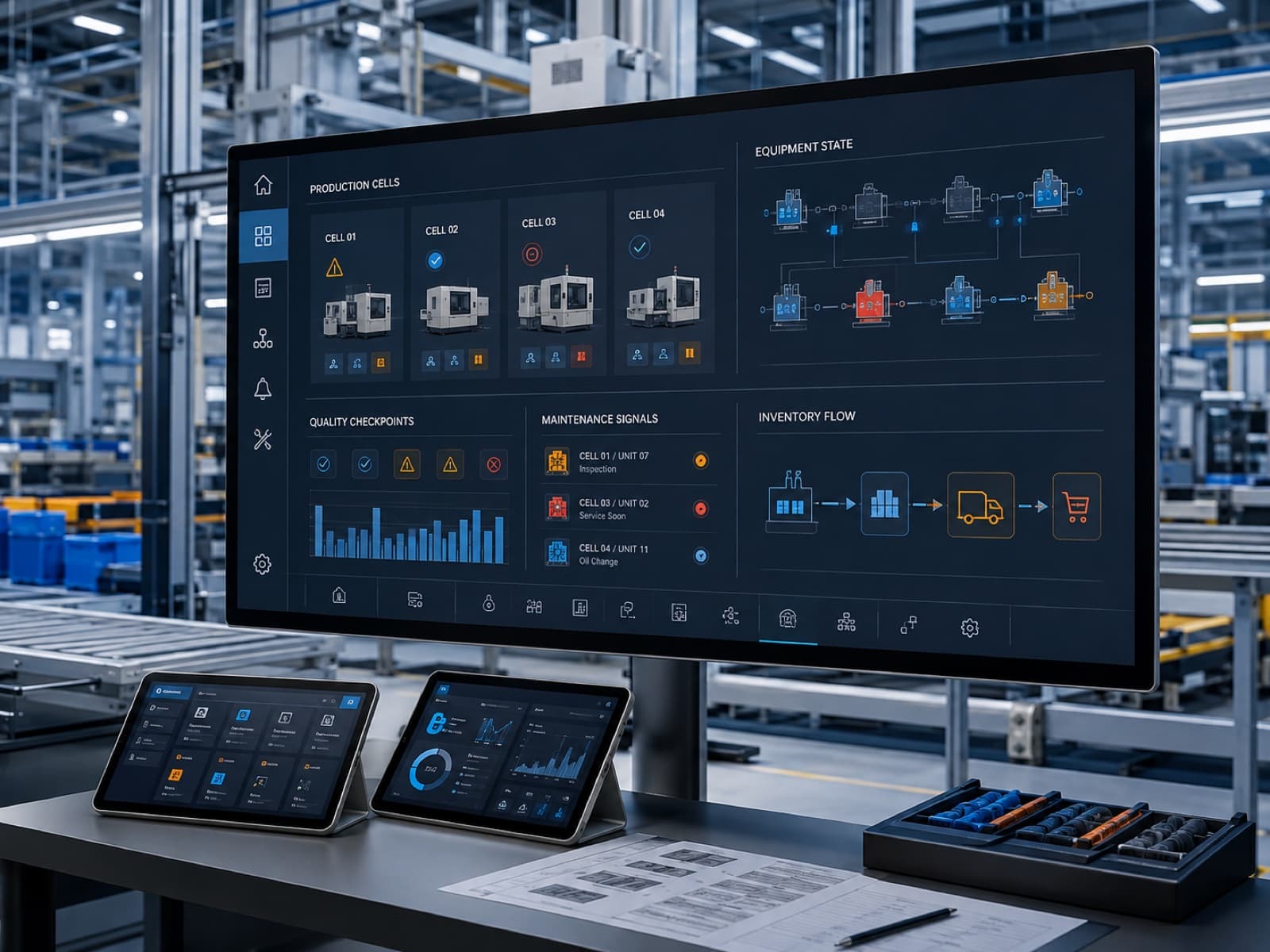 Manufacturing platform showing production, equipment health, quality control, maintenance signals, and inventory flow