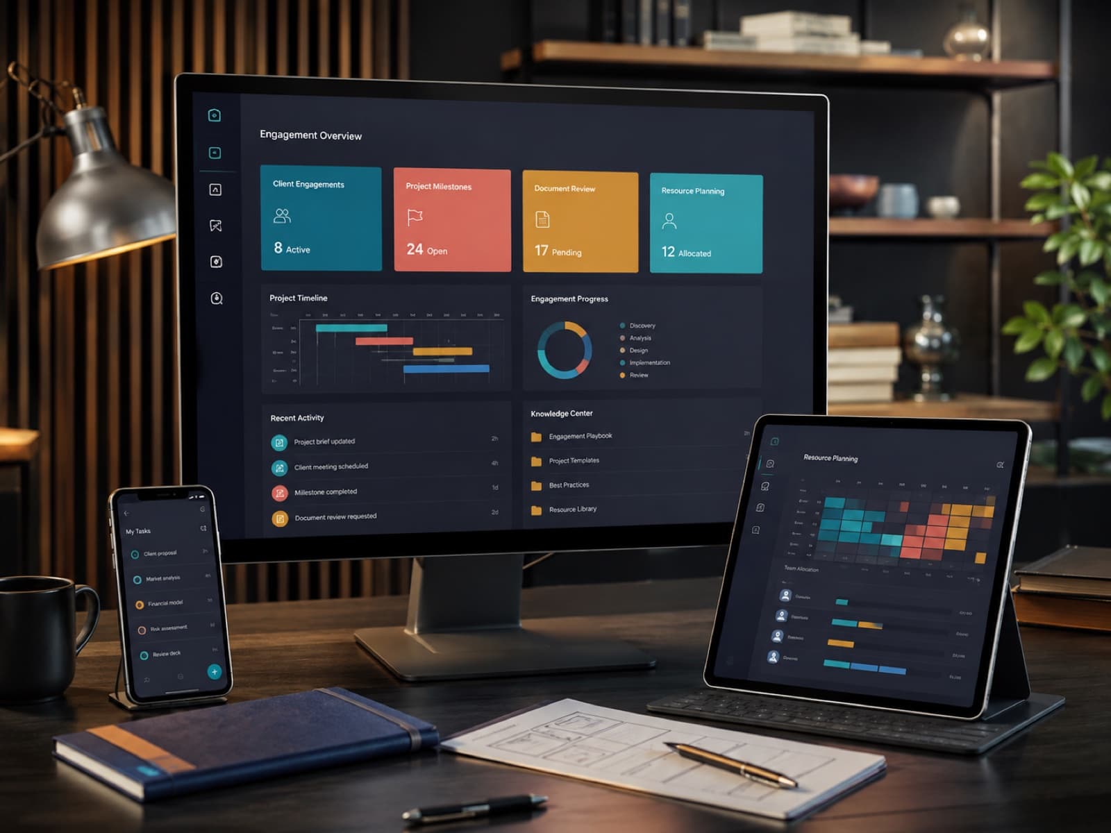 Professional-services platform showing client engagements, project milestones, documents, resources, and knowledge workflows