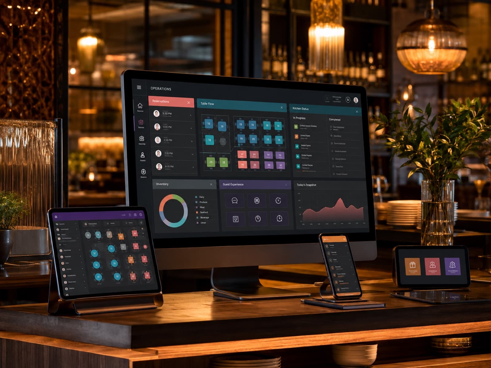 Restaurant management platform showing reservations, table flow, kitchen orders, inventory, and guest experience