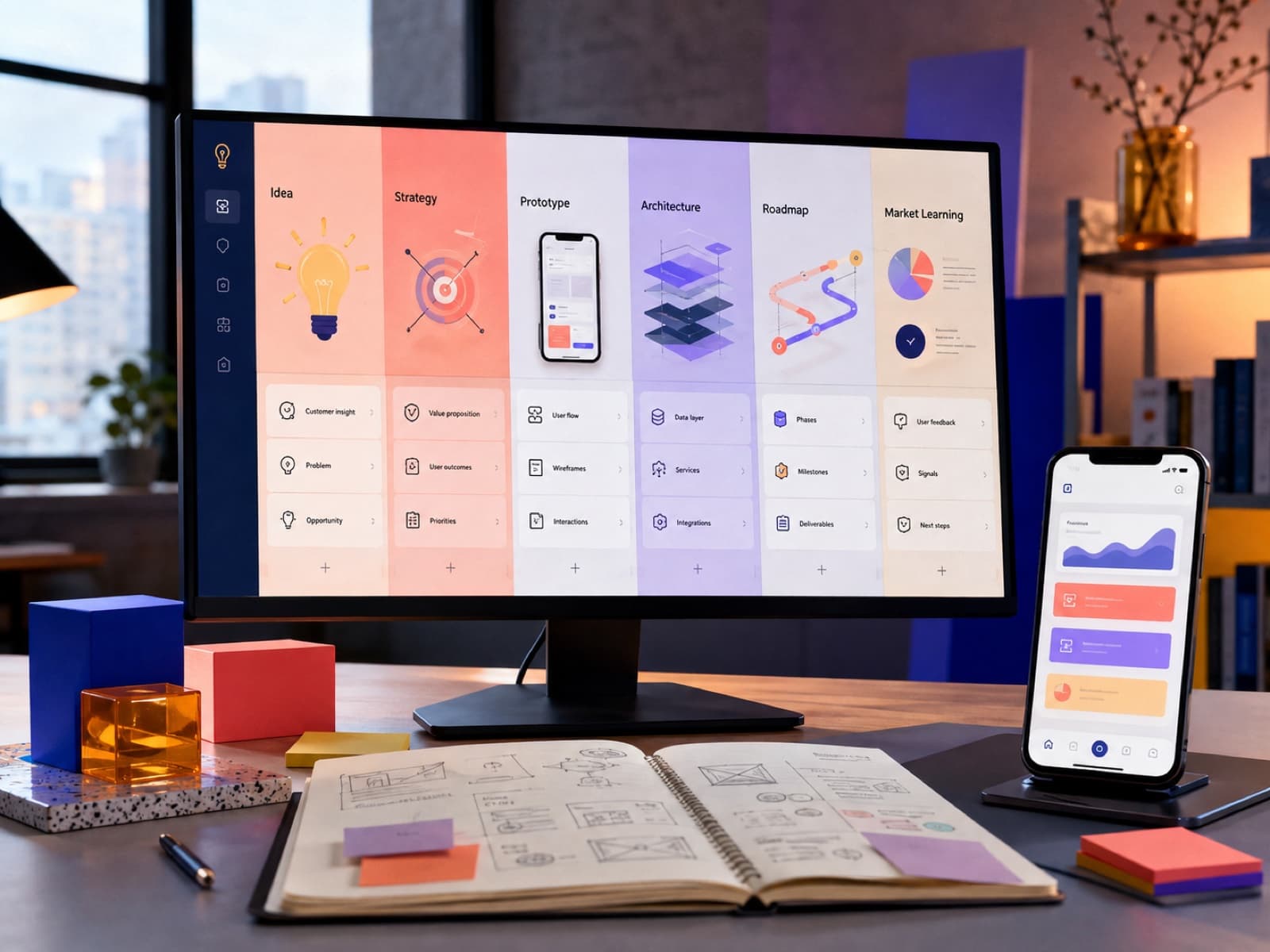 Startup product workspace showing an idea progressing through strategy, prototype, architecture, launch, and market learning