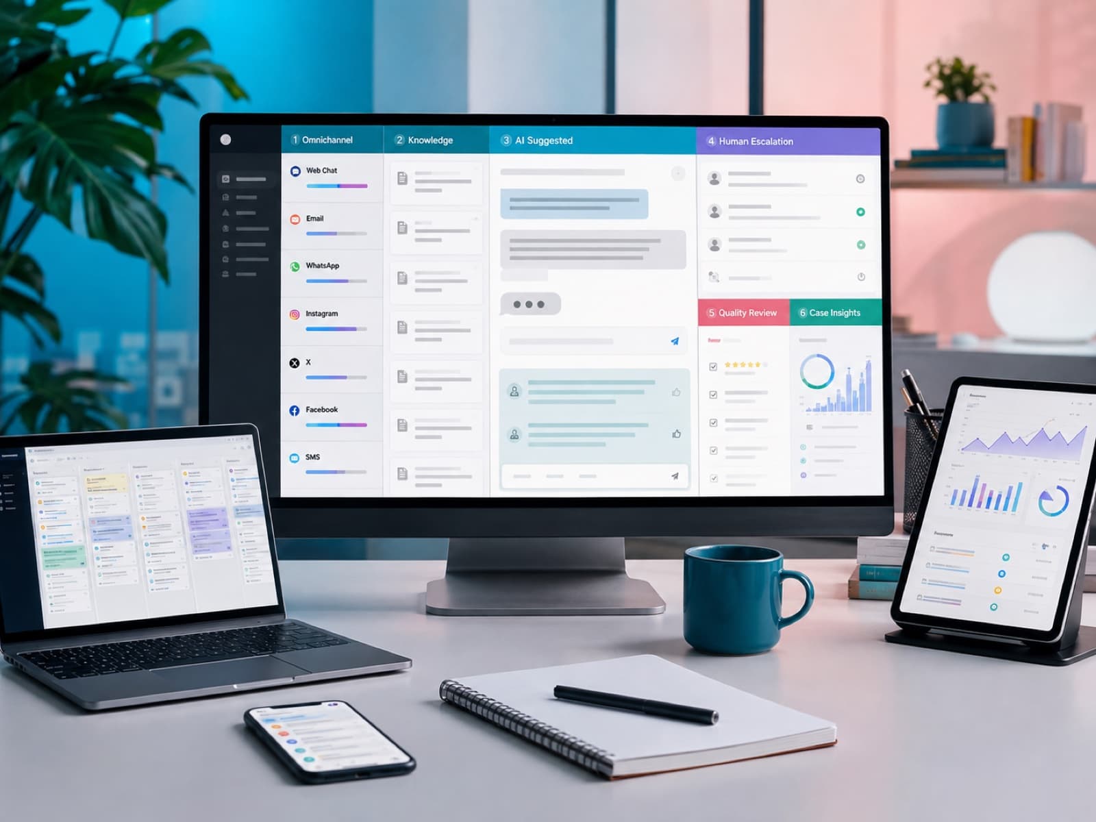 ai customer support platform visual showing connected workflows, users, data, and integrations