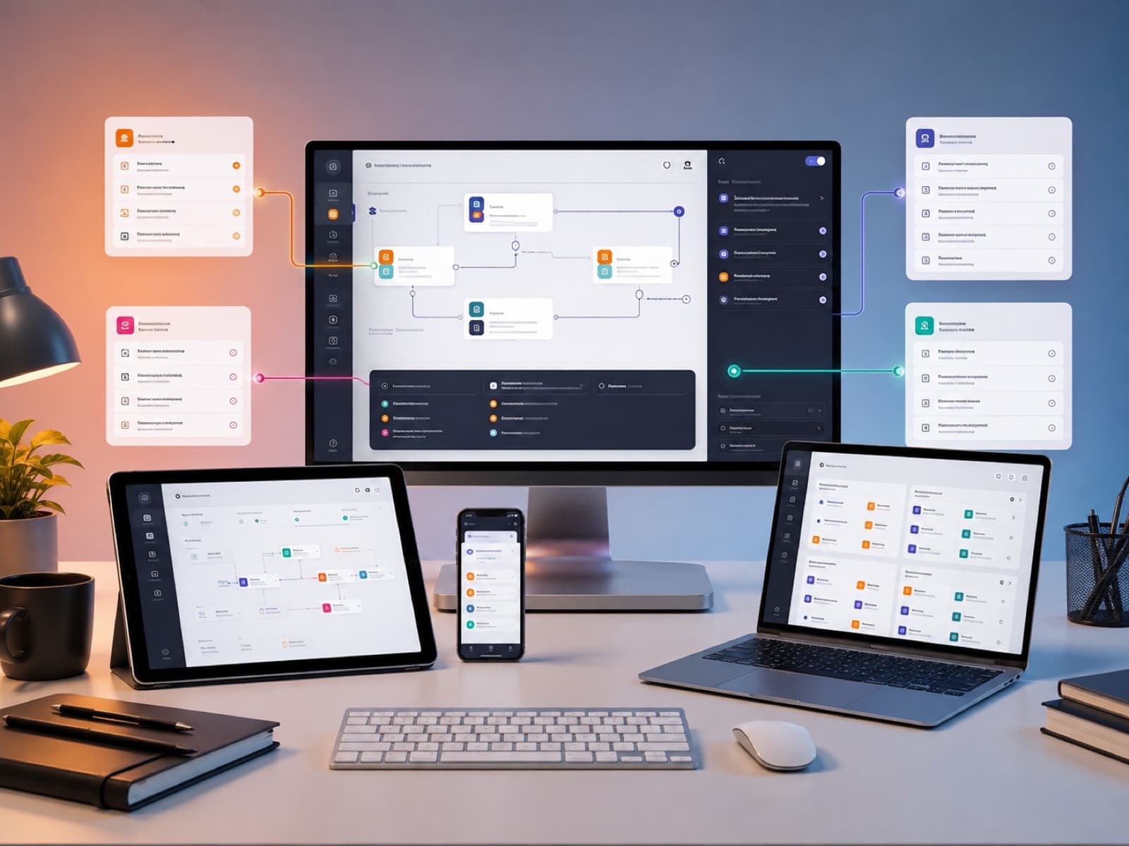 business automation platform visual showing connected workflows, users, data, and integrations