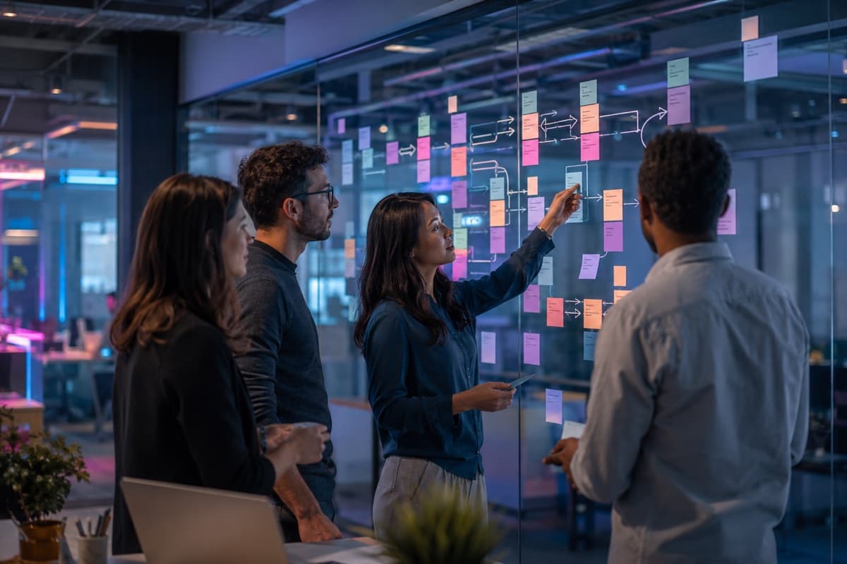 Operations team designing a bounded AI agent workflow with checkpoints and exceptions