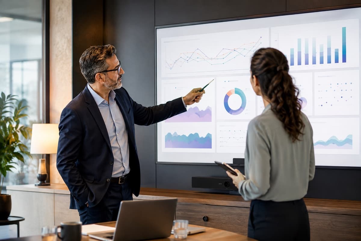 SEO specialists reviewing organic visibility, content performance, and business outcome trends