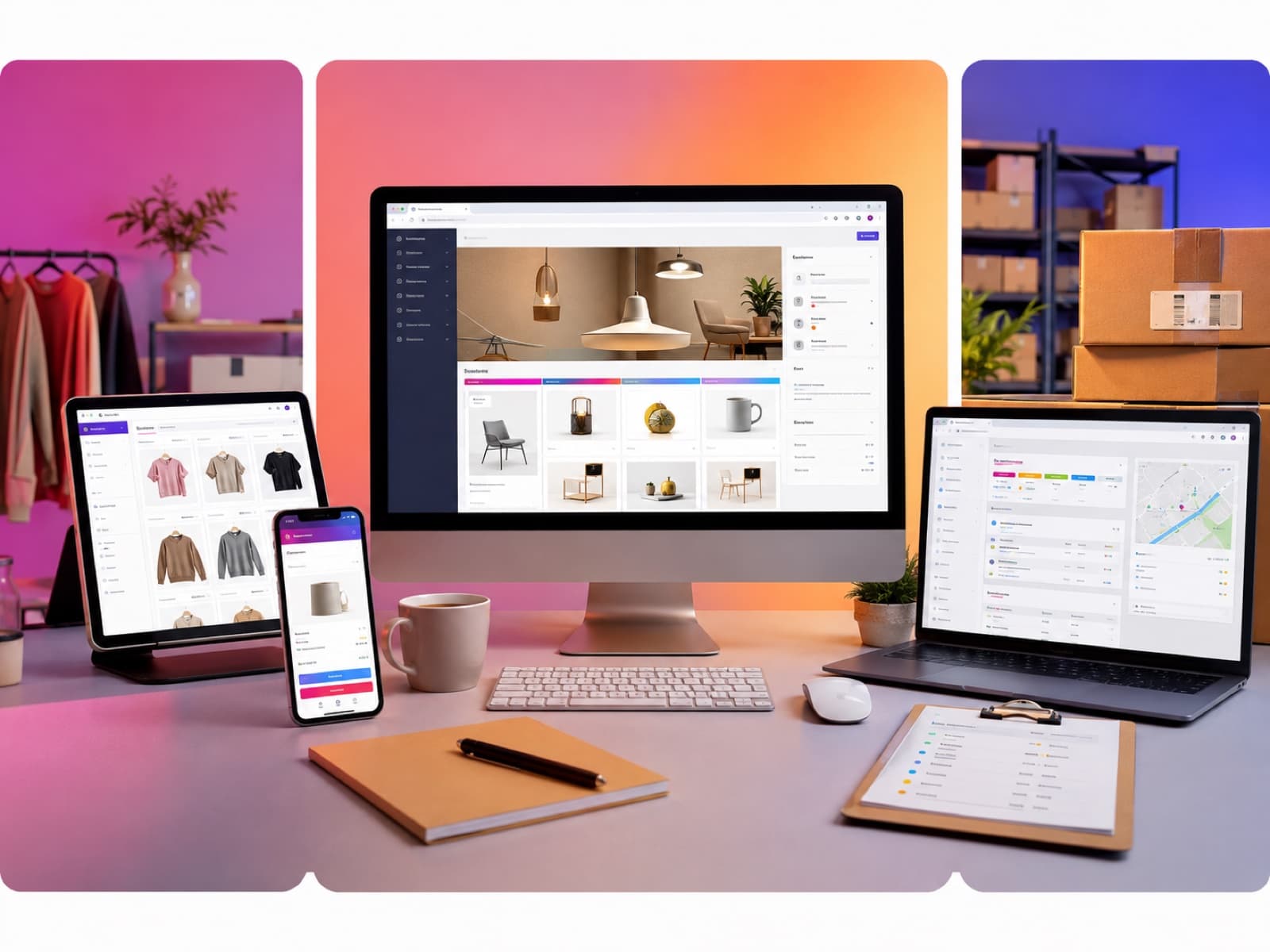 ecommerce platform visual showing connected workflows, users, data, and integrations