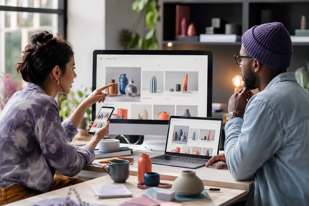 Commerce team reviewing a custom WooCommerce storefront and product catalog built on WordPress