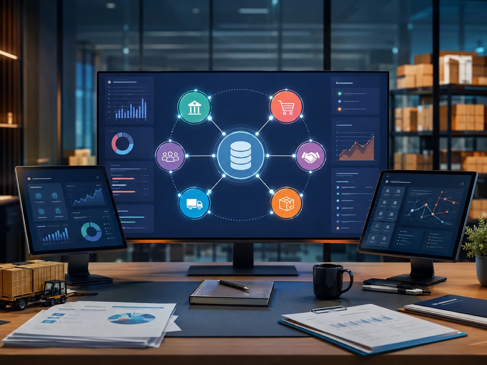 ERP integration workspace connecting banking, commerce, workforce, procurement, shipping, and warehouse systems to one operational core