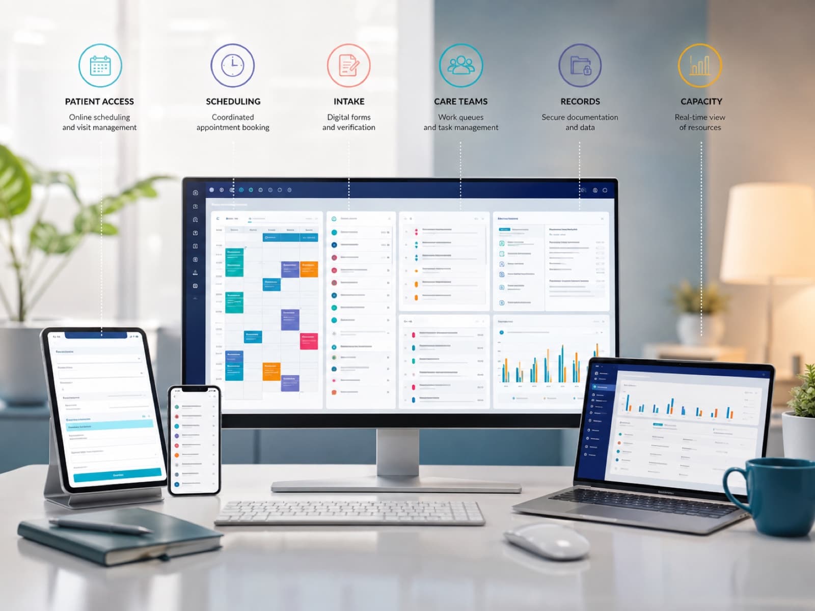 healthcare management platform visual showing connected workflows, users, data, and integrations