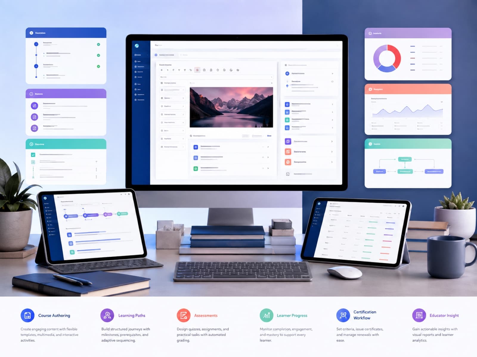 learning management platform visual showing connected workflows, users, data, and integrations