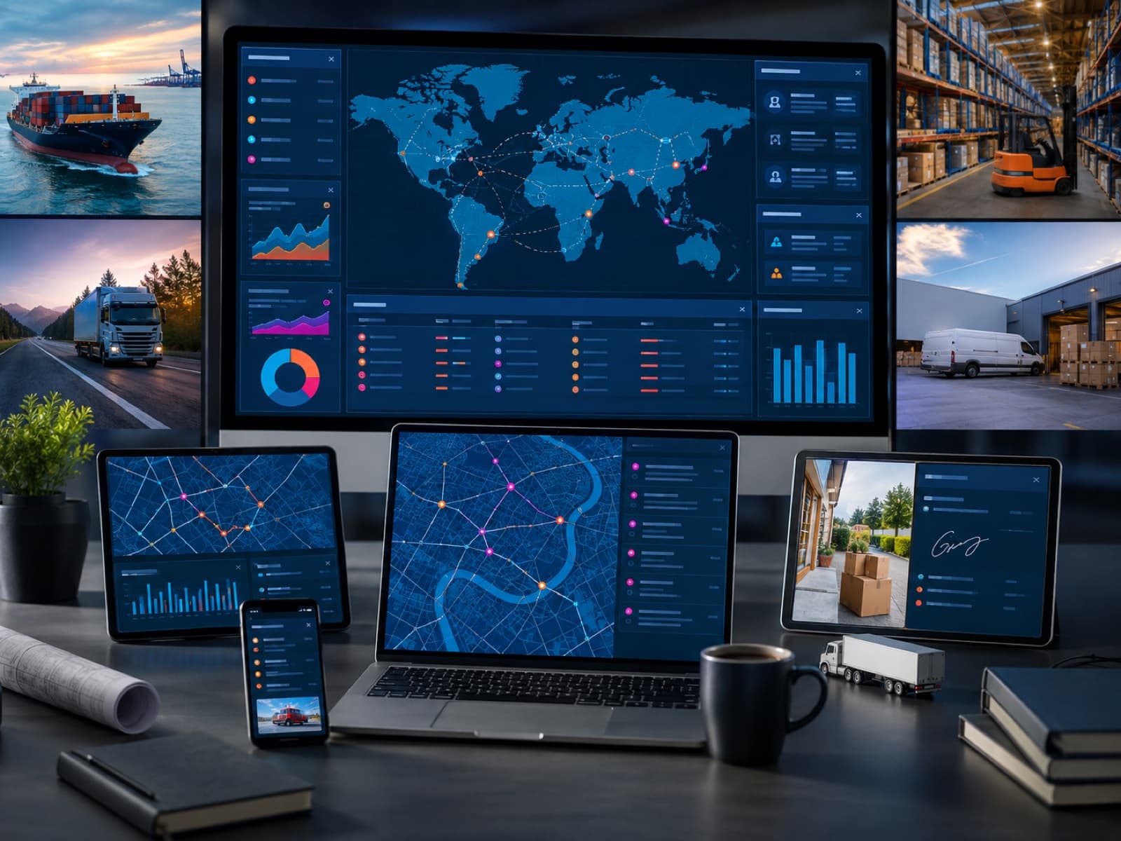 logistics management platform visual showing connected workflows, users, data, and integrations