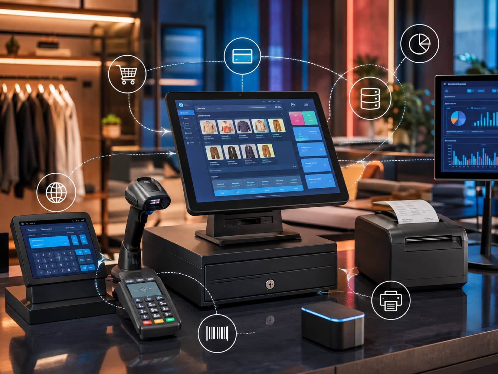 POS workspace connecting payment terminals, accounting, ecommerce, receipt printers, and barcode devices