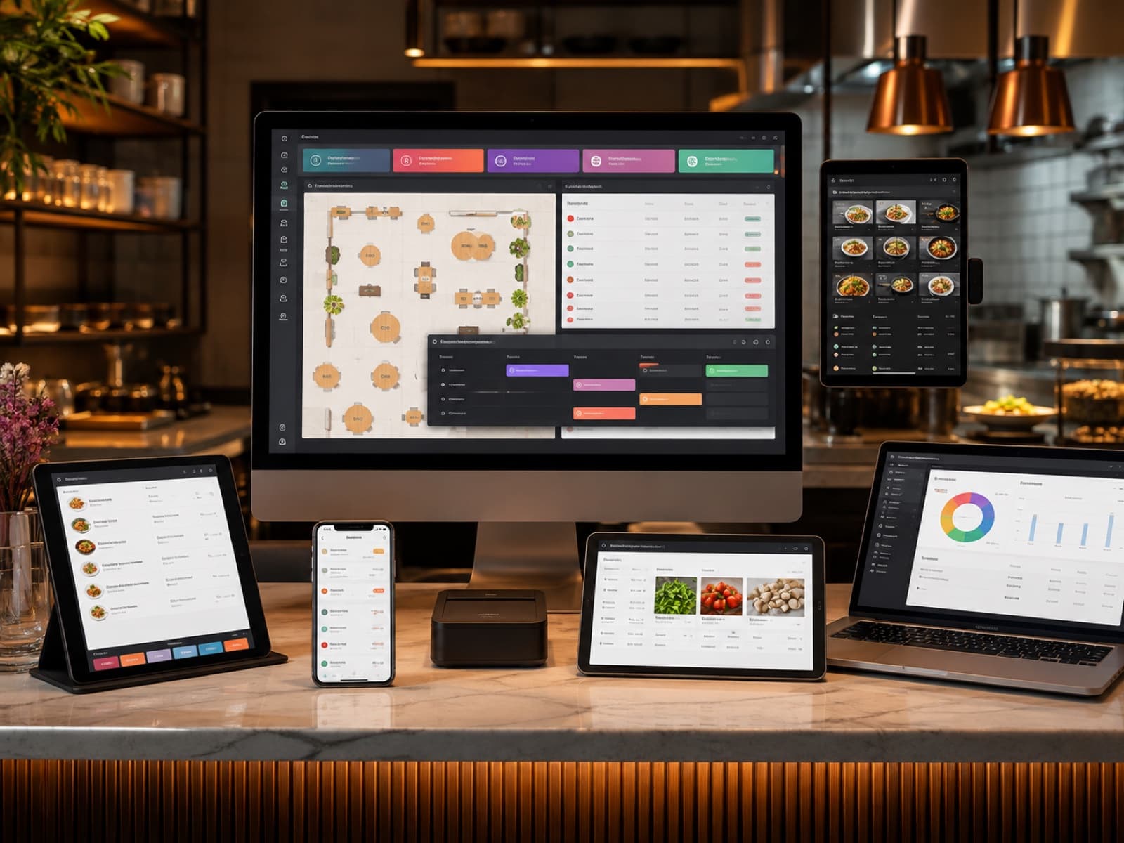 restaurant management platform visual showing connected workflows, users, data, and integrations