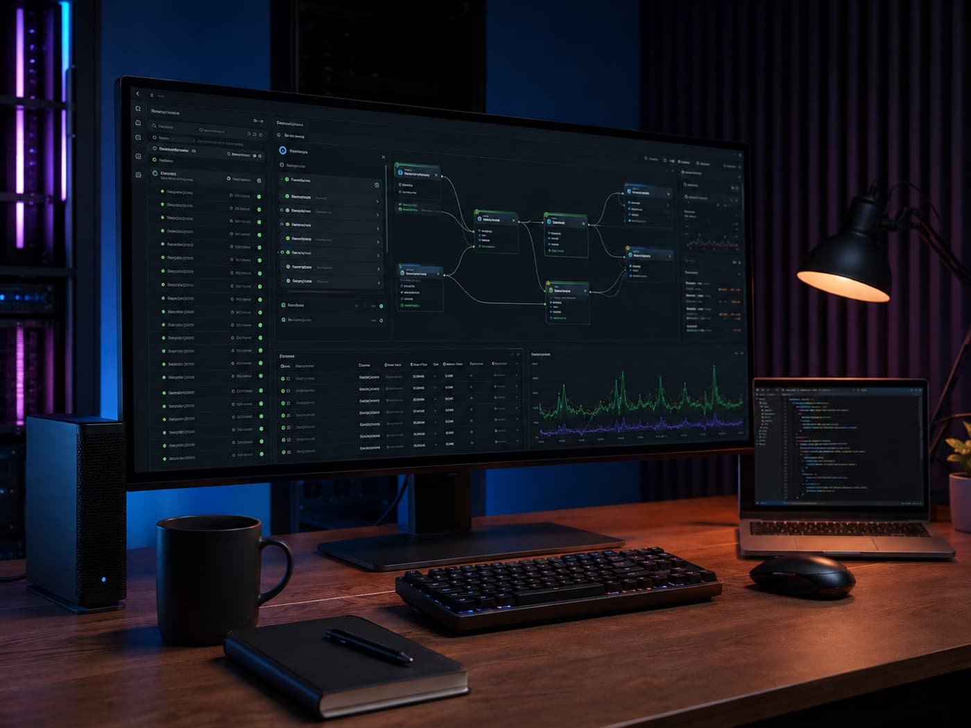 Node.js backend workspace visualizing APIs, services, and connected data flows