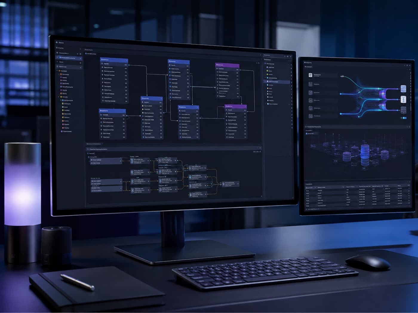PostgreSQL relational data architecture with connected schemas and query analysis
