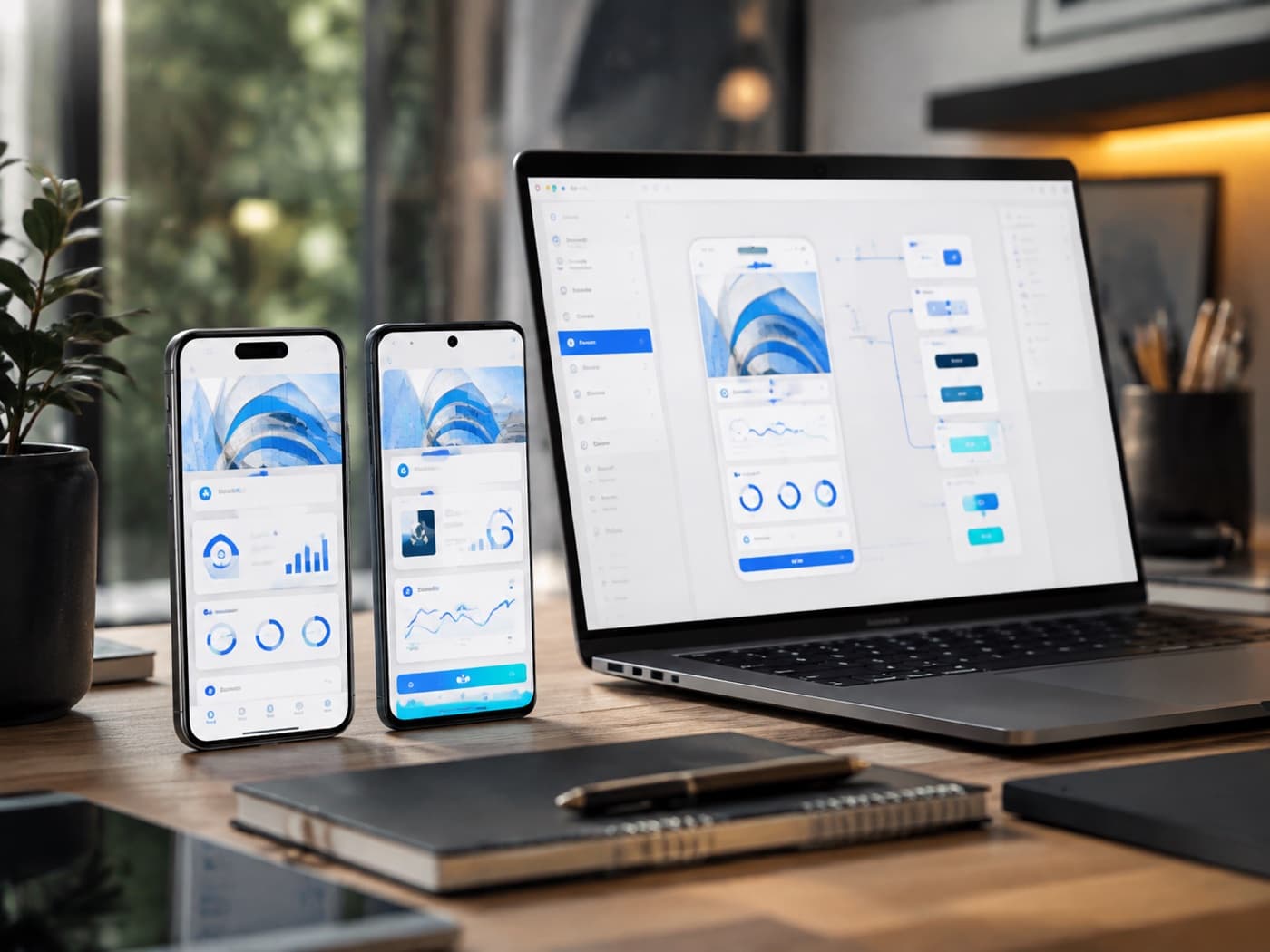 React Native mobile product workflow presented across phones and a development laptop
